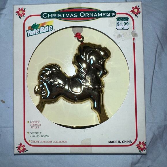 RARE Vintage Yule Rite Metal Gold Tone Rocking Horse Christmas Ornament Rite Aid - Picture 1 of 4